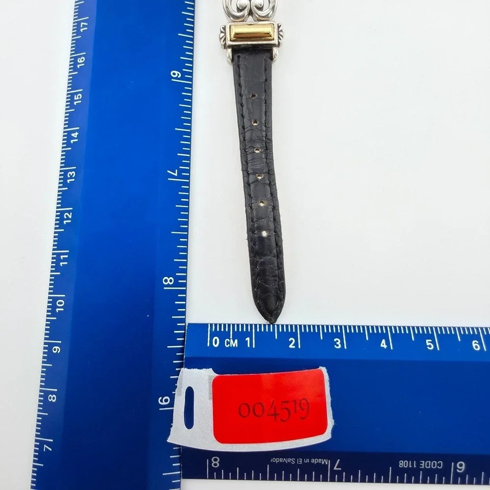 BRIGHTON 'Champagne' Watch Black Leather Band Scrollwork Gold Silver Plate 7.25